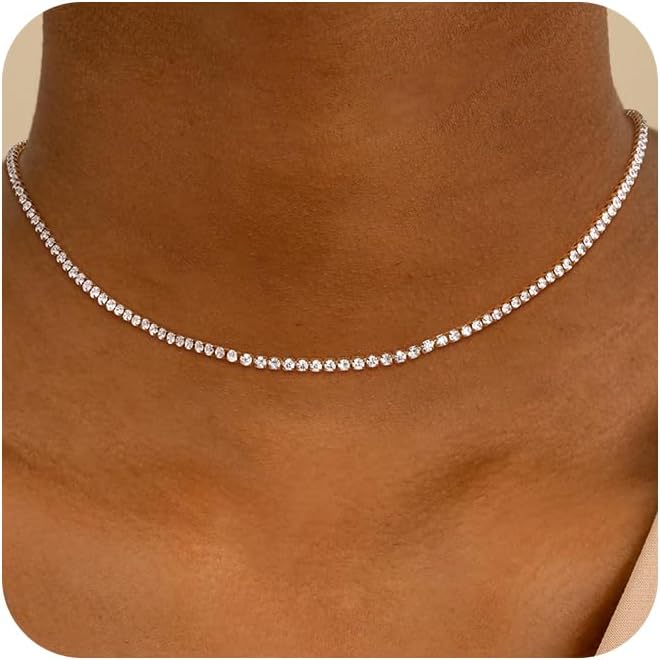 Robaice Tennis Necklace for Women, 14K Gold/Silver Plated Rhinestone Choker Necklace for Women, Dainty Cubic Zirconia Cut Faux Diamond Chain - Image 1